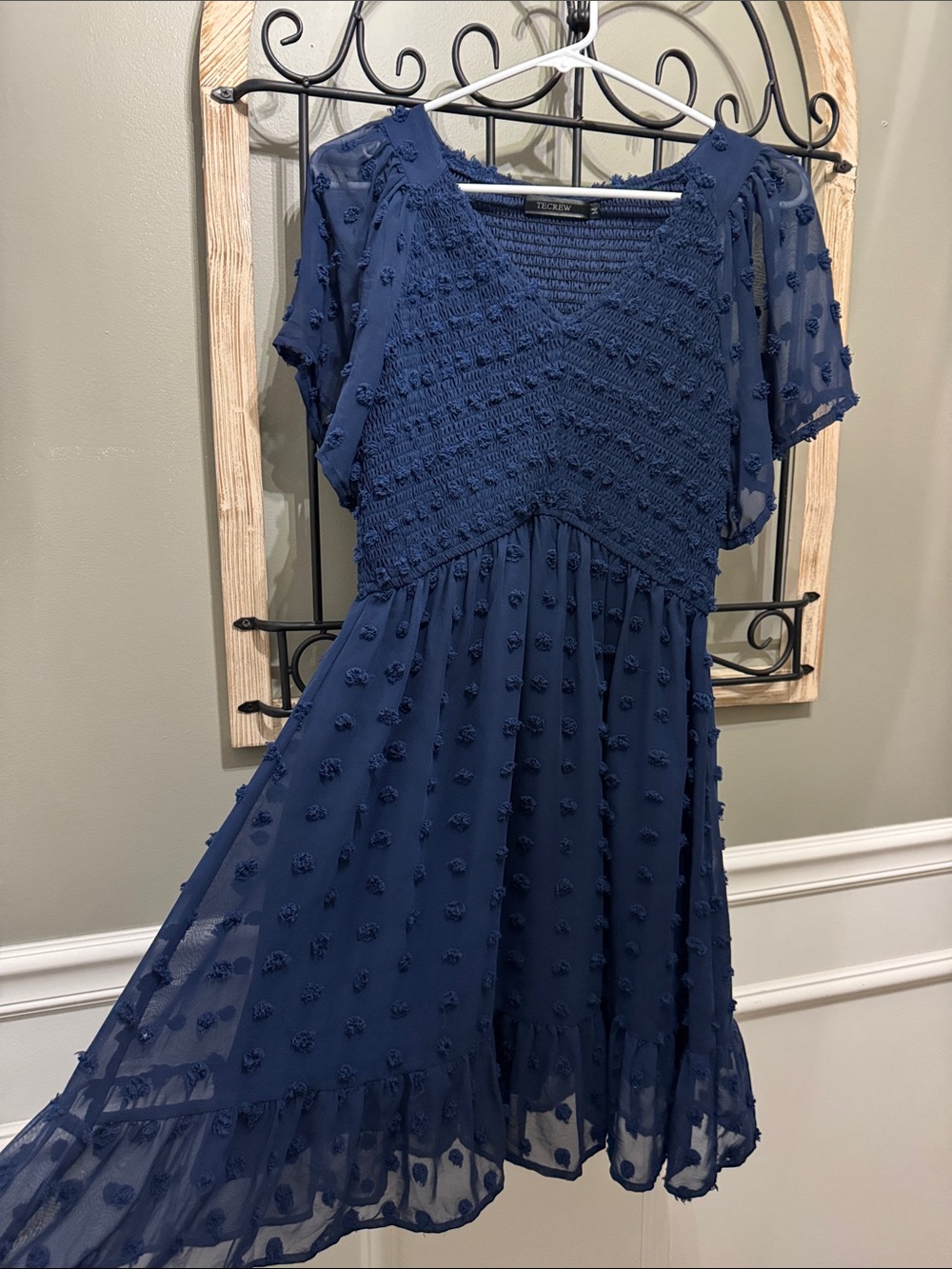 Smocked Navy Midi Dress with Textured Dot Accent M